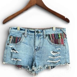 Free People Light Blue Distressed Jean Shorts with Multicolor Pockets